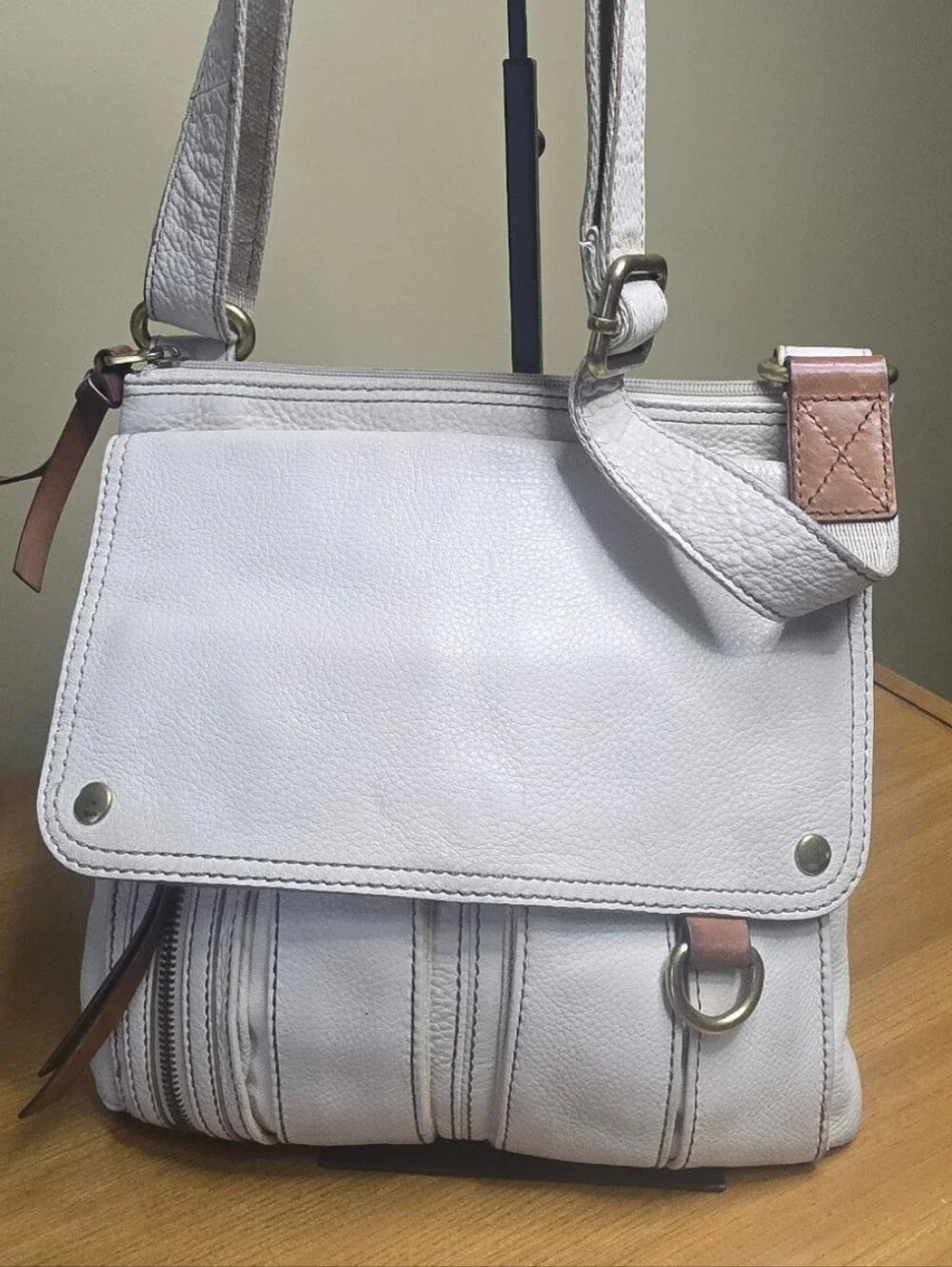Fossil Morgan Traveler Cream Leather Crossbody Messenger Bag